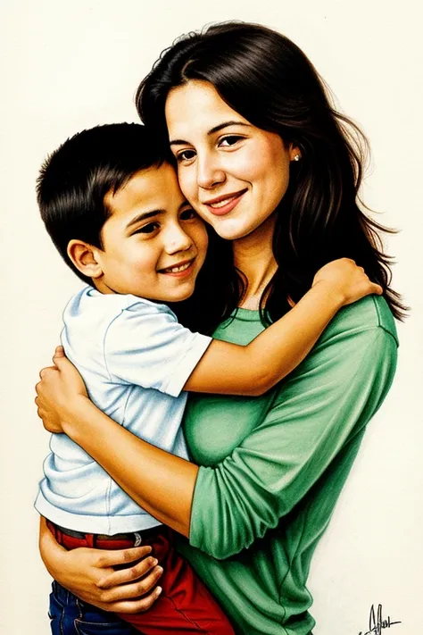 Mother hugging her son a drawing made by a  
