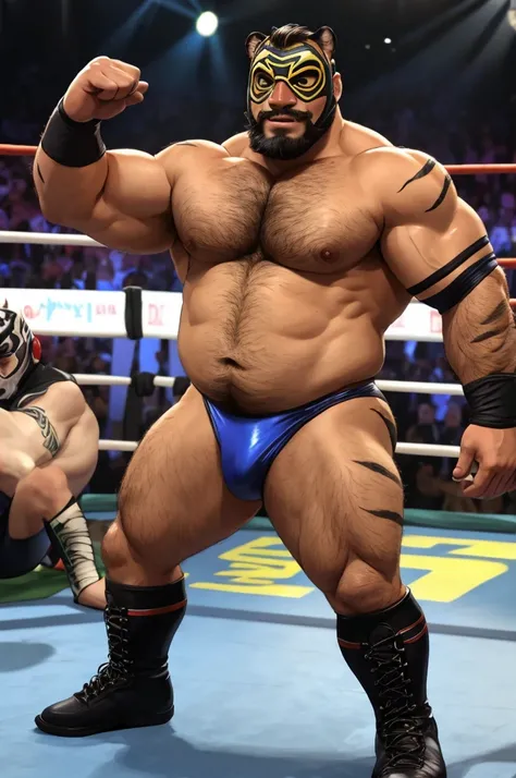 Burly hairy muscular heavyset Latino man, luchador, tiger masked wrestler, small black wresting thong, wrestler, dark grey and white outfit, shirtless, arm sleeves, hairy chest, hairy belly, full body , black boots