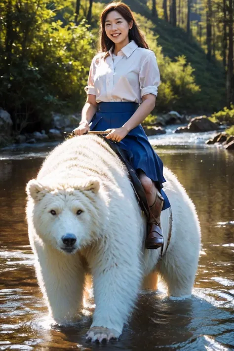 highest quality, Pieces fly, Realistic, High resolution, 8k　RAW Photos,alone, One girl, 30 years old、river、smile、holding a fish in each hand、Riding a bear、Business Blouse、Business Skirt、High heels