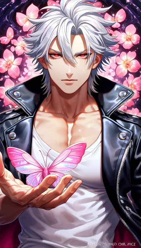 absurdres, highres, ultra detailed, HDR, master piece, best quality, Aohitsugi Samatoki, white hair, expressive red eyes, hypnosis mic, solo, sexy man, handsome, toned chest, black leather jacket, white shirt, magical, fantasy, shining, water, pink flowers...