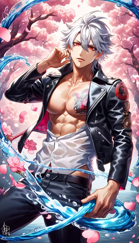 absurdres, highres, ultra detailed, HDR, master piece, best quality, Aohitsugi Samatoki, white hair, expressive red eyes, hypnosis mic, solo, sexy man, handsome, toned chest, black leather jacket, white shirt, magical, fantasy, shining, water, pink flowers...