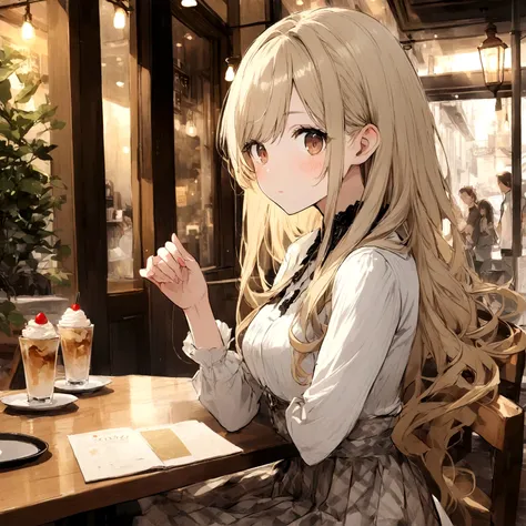 long hair, brown eyes, light gold hair, argyle check, cafe