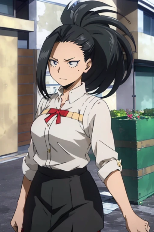 (Momo Yaoyorozu, a character from the anime series My Hero Academia, has long black hair, cat-shaped onyx eyes, and bangs on the right side of her face. Your hair is usually tied in a spiky ponytail),(Wearing),+,(a white blouse with pencil skirt)