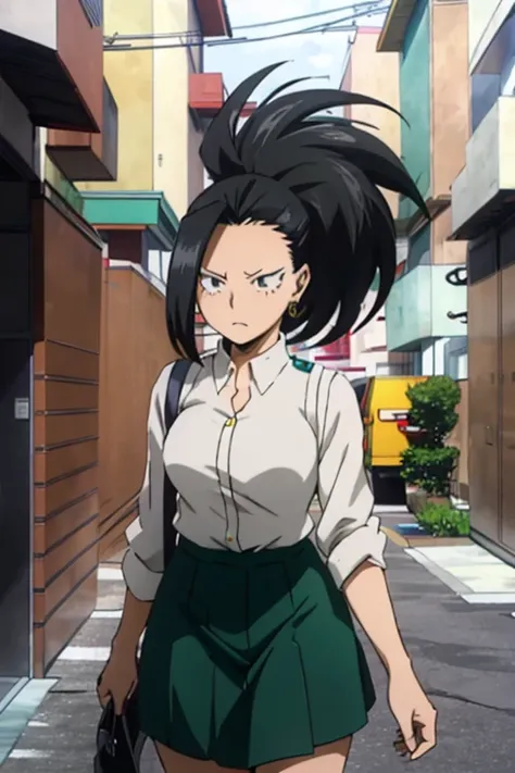 (Momo Yaoyorozu, a character from the anime series My Hero Academia, has long black hair, cat-shaped onyx eyes, and bangs on the right side of her face. Your hair is usually tied in a spiky ponytail),(Wearing),+,(a white blouse with pencil skirt)