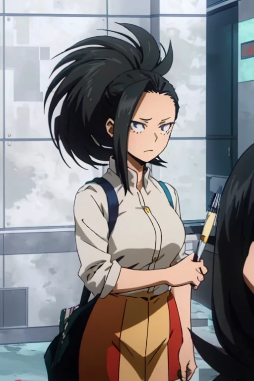 (Momo Yaoyorozu, a character from the anime series My Hero Academia, has long black hair, cat-shaped onyx eyes, and bangs on the right side of her face. Your hair is usually tied in a spiky ponytail),(Wearing),+,(a white blouse with pencil skirt)