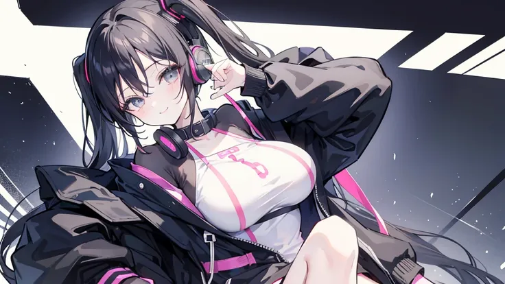 masterpiece,anime style,chibi,sexy girl,black hair,shoulder length hair with two pigtails,black jacket,with headphones,lo fi background,smiling,big breasts,listening to music,waiting on the right side of the image,
