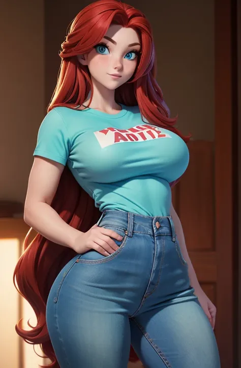 21 years old woman , long and smooth red tone hair, bright and expressive blue eyes, she opted for worn adjusted jeans, a mint color tietshirt, big boobs, nsfw, big ass, big hip