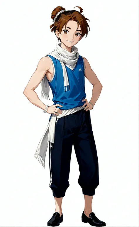 solo, looking at viewer, smile, simple background, brown hair, 1boy, white background, standing, full body, male focus, sleeveless, pants, hair bun, scarf, black footwear, black eyes, hand on hip, single hair bun