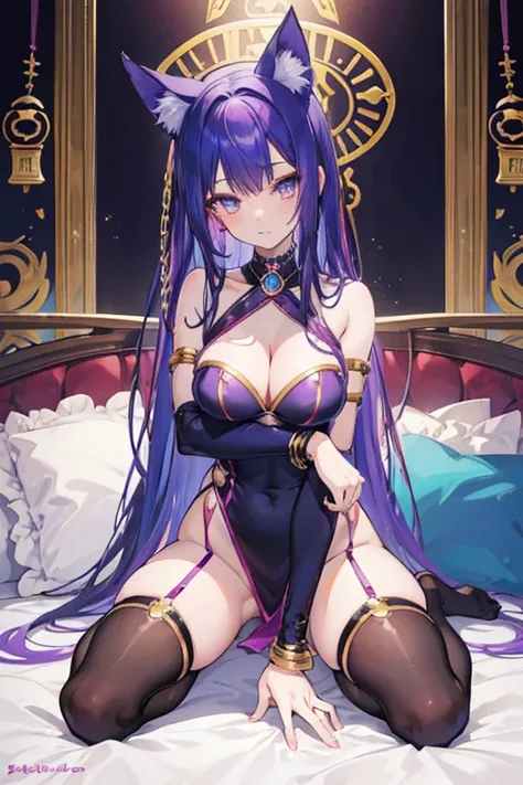 Anime girl with purple hair and black stockings sitting on bed, Enchanting anime girl, Anime Goddess, Bed, Egyptian cat goddess, Naughty anime style, Neferpitou, nekomimi, Beautiful spirit girl, Anime Moe Art Style, Beautiful Cleopatra, Nico Robin, Egyptia...