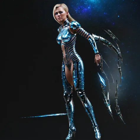 in space, an armored warrior (lovely woman, skin  tight cyber armor) poses with star light gleaming, action poses, high tech weapons
