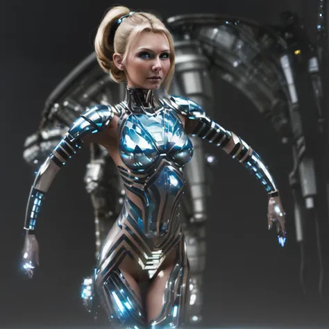 in space, an armored warrior (lovely woman, skin  tight cyber armor) poses with star light gleaming, action poses, high tech wea...