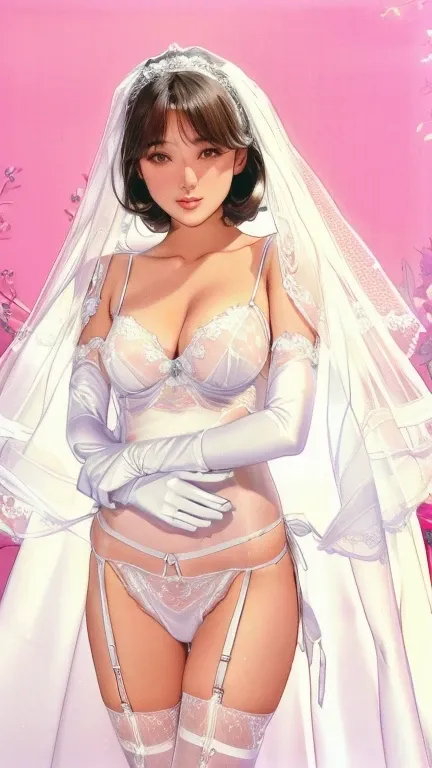 arafed woman in lingerie and Veil posing for a picture, white transparent Veil, Yoshitomo Nara, Veil, Smooth white tight clothing suit, white Veil, Twin tails white_gloves, 2b, 2b ..., Lingerie Beauty, Smooth, transparent white skin, Beautiful and sexy wom...