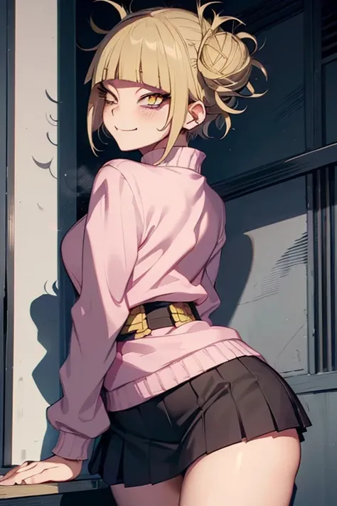 (Himiko toga),(character from my hero academia),(short blonde hair and two pompoms in her hair and yellow eyes with cats pupils),(pretty),(Wearing),+,(A super tight and sensual straight pencil skirt and a very sexual tight pink blouse),+,(Facing back, stic...