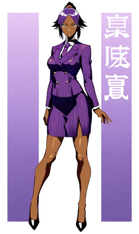 yoruichi as a thin black business woman in a double breasted pinstripe purple  skirt suit while wearing a tie with a knee long p...