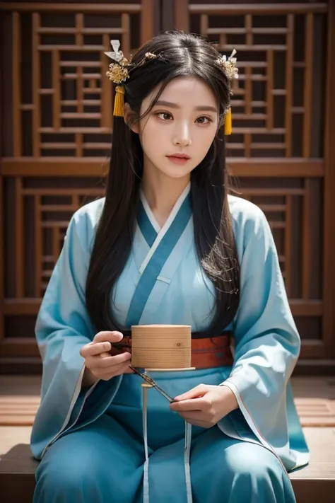 (Young woman:1.4,), 30 years, black brown hair,Chinese-style coiled hair, kind face,.Asia face,looking at the camera in,Wearing Hanfu clothing,The temperament is elegant，Perfectly Centered Portrait Photo,calm expression, smart, serious, acupuncture, chines...