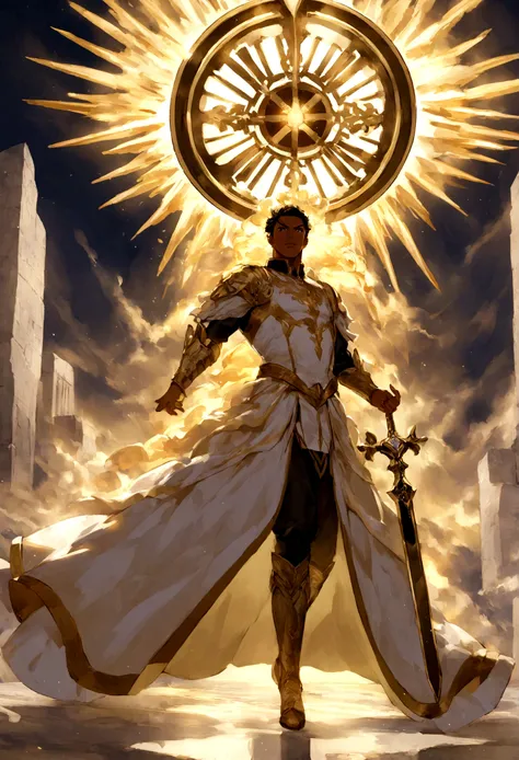 Create an image of Archangel Michael in the middle of a celestial battle. Miguel, vestido con una armadura resplandeciente, he holds a flaming sword in one hand and a radiant shield in the other. His expression is calm but determined as he faces hordes of ...