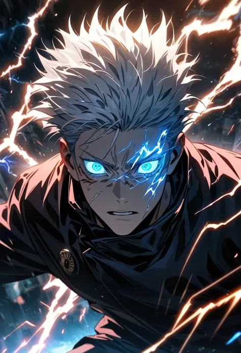 absurdres, highres, ultra detailed, HDR, masterpiece, extremely detailed face and eyes, Gojo Satoru , white hairs, expressive beautiful blue eyes,beautiful white eyeleshes, Jujutsu Kaisen, solo, man, handsome, ,black shirt, , Epic fight scene, lightning ef...