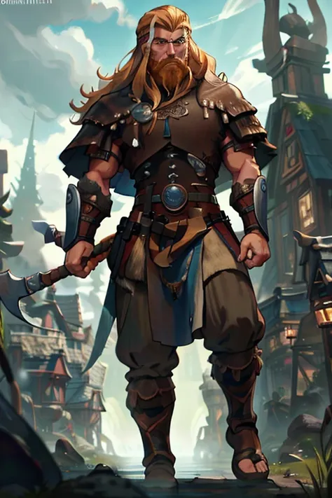 a muscular blond haired man with blue eyes with long hair and a dark beard in a viking outfit is walking around a viking  castle