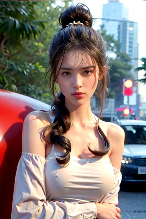 1 girl , big long hair, Bun hairstyle, Upper Body, Close-up photo, facing the camera, D cup breasts, There is a round protrusion on the chest, angry, Disdain,  rain , Street View.