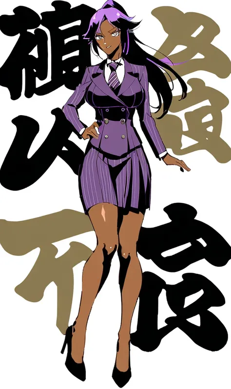  Yoruichi as a thin Black business woman in a double breasted pinstripe purple  skirt suit while wearing a tie with a knee long purple pinstripe skirt full body 
