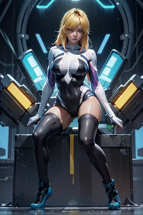 samus aran, simple background,colorfull yellow and blue ,blonde hair,cyberpunk ,thick thigs,thick,ample bosom,front pose,looking in camera,cybernatic torso,full body suit,front pose,