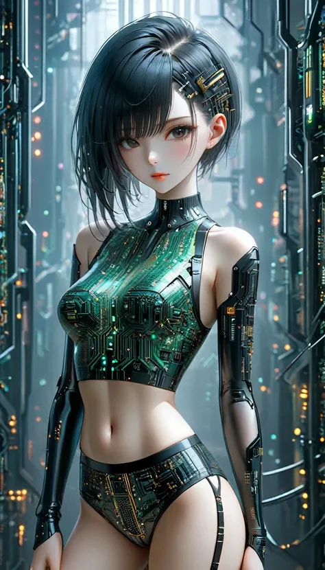 beautiful cyberpunk girl wearing a futuristic hairpin, (delicate skin), pale skin, in a deep neckline, highly detailed sexy futu...