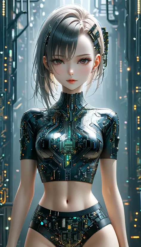 beautiful cyberpunk girl wearing a Futuristic hairpin, (Delicate skin), Pale skin, in a deep neckline, highly detailed sexy Futuristic cyberpunk underpants , black crop top made of circuit boards, Cybernetics, Japanese words with glitter effect, Beautiful ...