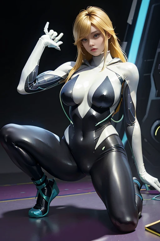 samus aran, simple background,colorfull yellow and blue ,blonde hair,cyberpunk ,thick thigs,thick,ample bosom,front pose,looking in camera,cybernatic torso,full body suit,front pose,