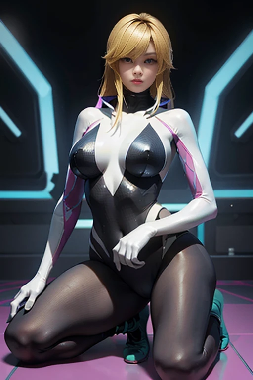 samus aran, simple background,colorfull yellow and blue ,blonde hair,cyberpunk ,thick thigs,thick,ample bosom,front pose,looking in camera,cybernatic torso,full body suit,front pose,