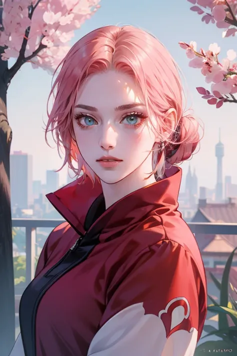 young woman, bubblegum pink hair tied in a bun, wide forehead, porcelain skin, pink eyebrows, emerald green eyes, upturned nose, thick pink lips, heart-shaped face, dark red clothes, Sakura Haruno, realism, well detailed, 3d
