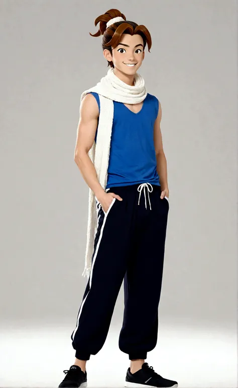 solo, looking at viewer, smile, simple background, brown hair, 1boy, white background, standing, full body, male focus, sleeveless, pants, hair bun, scarf, black footwear, black eyes, hand on hip, single hair bun