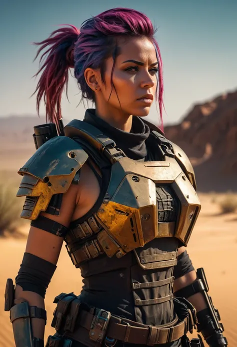 a post-apocalyptic female warrior, detailed cyberpunk armor, scifi weapon, gritty desert environment, dramatic lighting, highly detailed, cinematic composition, moody color palette, (best quality,4k,8k,highres,masterpiece:1.2),ultra-detailed,(realistic,pho...