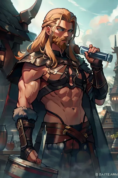 A muscular blond haired man with blue eyes with long hair and a dark beard in a Viking outfit is drinking in on the roof of a Vikings castle
