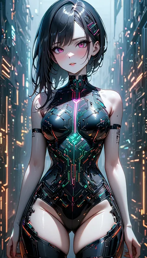 beautiful cyberpunk girl wearing a Futuristic hairpin, (Delicate skin), Pale skin, in a deep neckline, highly detailed sexy Futuristic cyberpunk underpants , black crop top made of circuit boards, Cybernetics, Japanese words with glitter effect, Beautiful ...