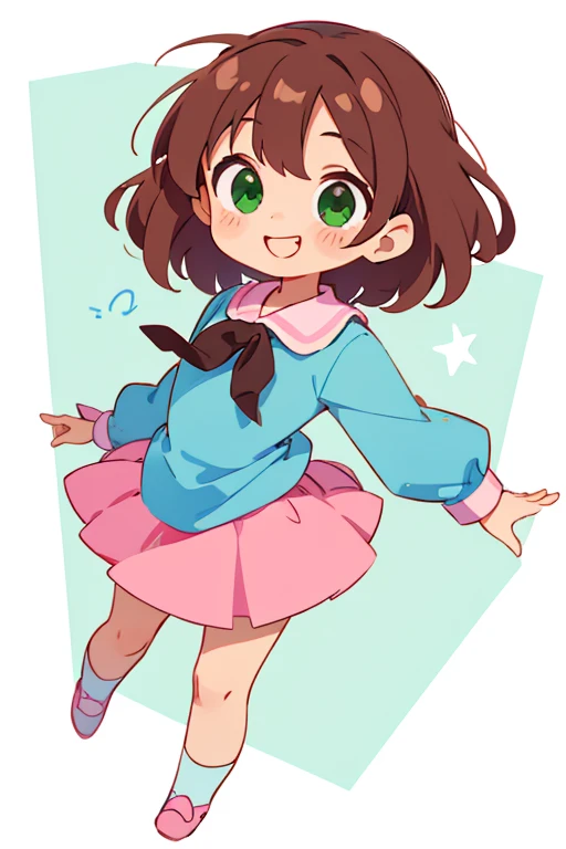 simple chibi style drawing of a cute girl smiling doing a cute pose, wearing a blue blouse and pink skirt, brown hair and green eyes, chibi style full body