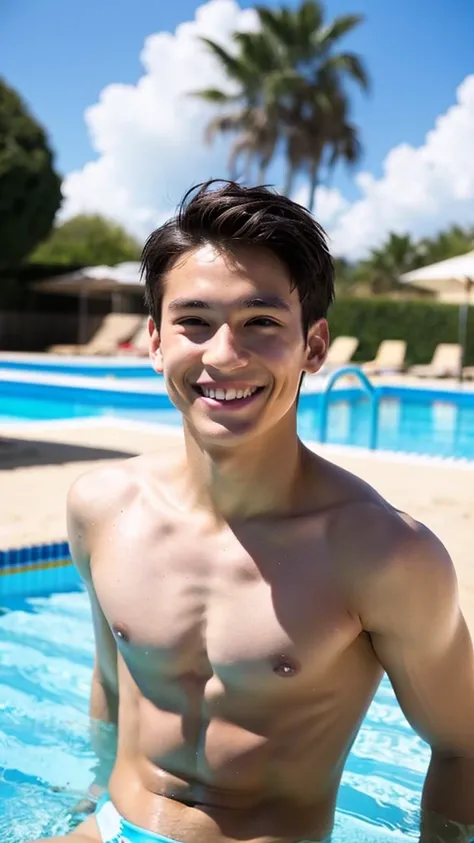 male Age 20 swimwear lifeguard topless smile