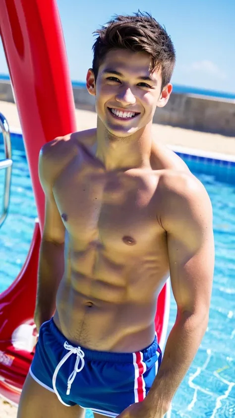 male Age 20 swimwear lifeguard topless smile