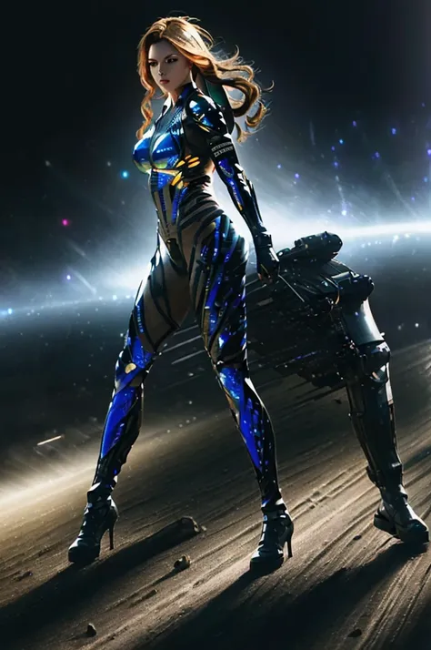 a lovely woman in skin tight cyber armor, posing with high tech weapons, star light gleaming, action poses, advanced futuristic ...