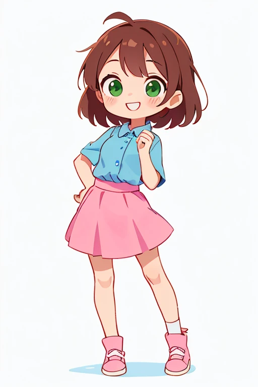 simple chibi style drawing of a cute girl smiling doing a straight pose while standing, wearing a blue blouse and pink skirt, brown hair and green eyes, chibi style full body