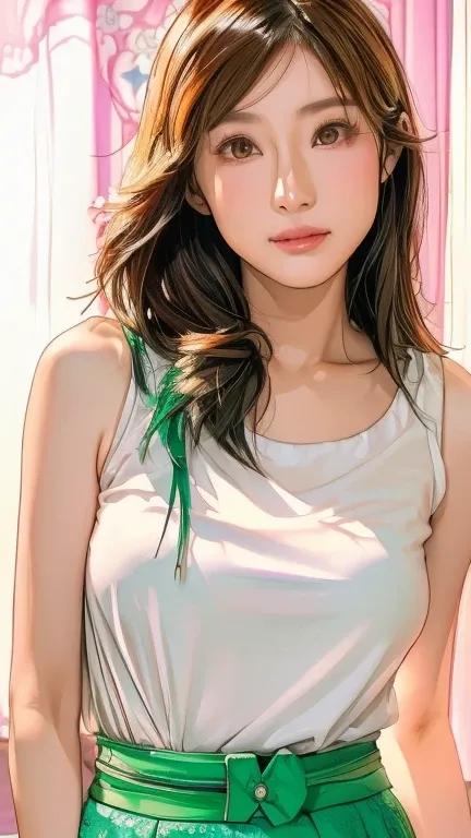 An Asian woman in her fifties wearing a white tank top and green skirt, Japanese Model, Gorgeous Chinese Model, Beautiful Asian Girl, Gorgeous Young Korean Woman, Young Sensual Gravure Idol, Young and skinny gravure idol, Real young gravure idol, Beautiful...