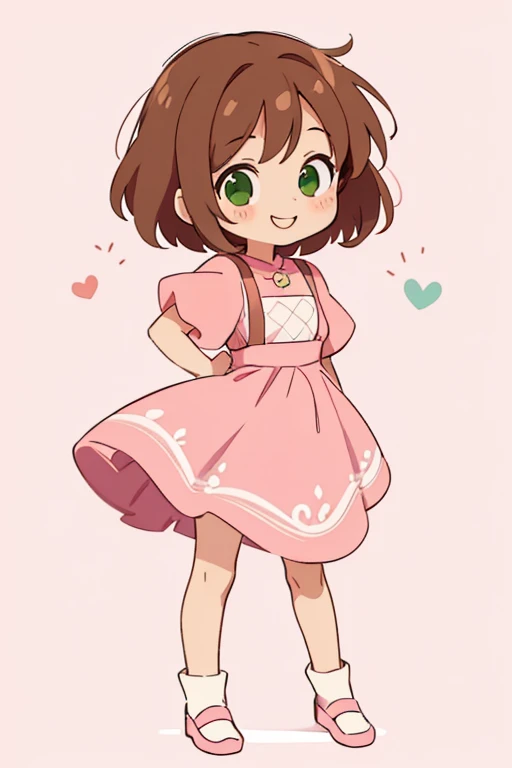 simple chibi style drawing of a cute girl smiling doing a straight pose while standing, wearing a pink dress, brown hair and green eyes, chibi style full body