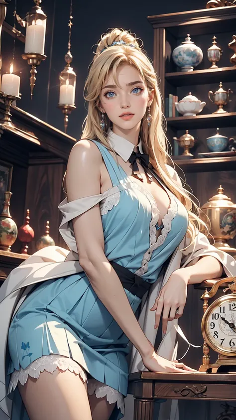 Blue delicate eyes, Alice in Wonderland、Sexy proportions、Provocative facial expression、Clock Object Background