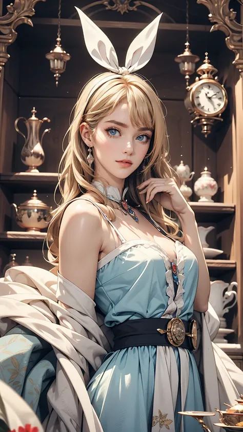 Blue delicate eyes, Alice in Wonderland、Sexy proportions、Provocative facial expression、Clock Object Background