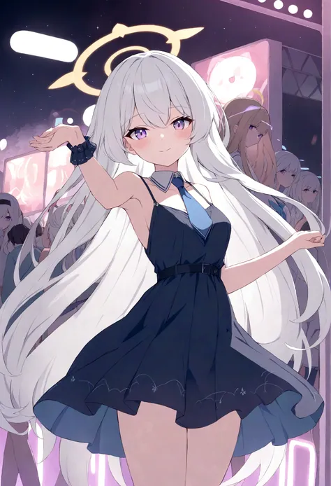 A girl is dancing, music festival, flowy dress, swaying to the rhythm, cowboy shot, under the neon lights, light_up, looking at viewer, light_smile, solo_focus, hsix style, (halo:1.2), headgear, (long_hair), white_hair, purple_eyes, aanoa, blue necktie,