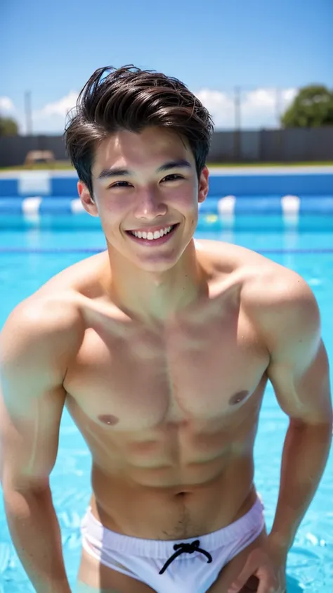 male Age 22 swimwear lifeguard topless smile