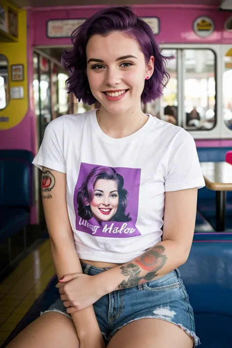 street photography photo of a young woman with purple hair, smile, happy, cute t-shirt, tattoos on her arms, sitting in a 50s diner