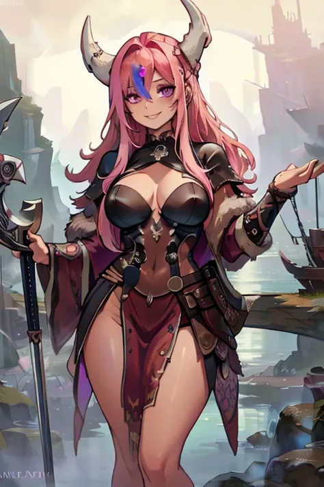 A pink haired woman with violet eyes with an hourglass figure in a fancy Viking princess outfit is smiling on a foggy cliff by the sea