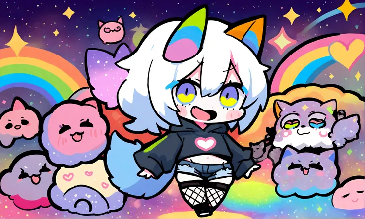 a cute chibi style adult male with wolf ears, white hair, has a wolf tail, wearing a loose cropped oversized black hoodie, wearing a pair of denim short shorts and fishnet stockings, thick thighs, wide hips, dancing on mound of fluffy multi colored kawaii ...