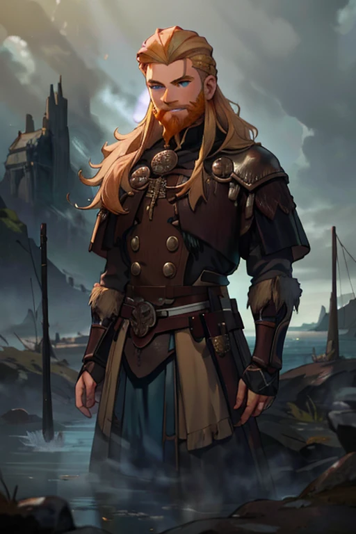 A handsome blonde haired man with blue eyes with long hair and a dark beard in a Viking outfit is smiling on a foggy cliff by the sea
