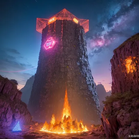 Special-shaped hexagonal base (Very detailed) In the hexagonal mountain oasis，There are multiple hexagonal exhaust fans and chimneys, Some neon lights shoot out from the base，Light up the dark night), There are some clouds in the night sky, Some surroundin...